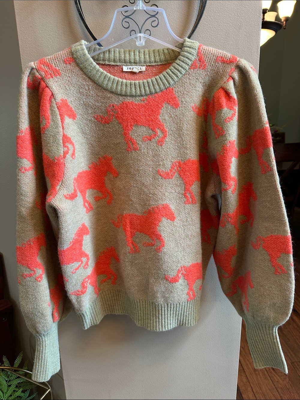 Jodiful Crewneck Sweater with Orange Horse Motif on Tan